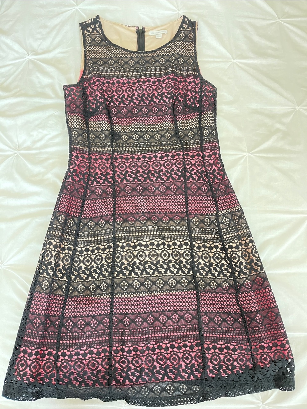 New York & Company Pink and Black Lace Midi Fit & Flare Dress